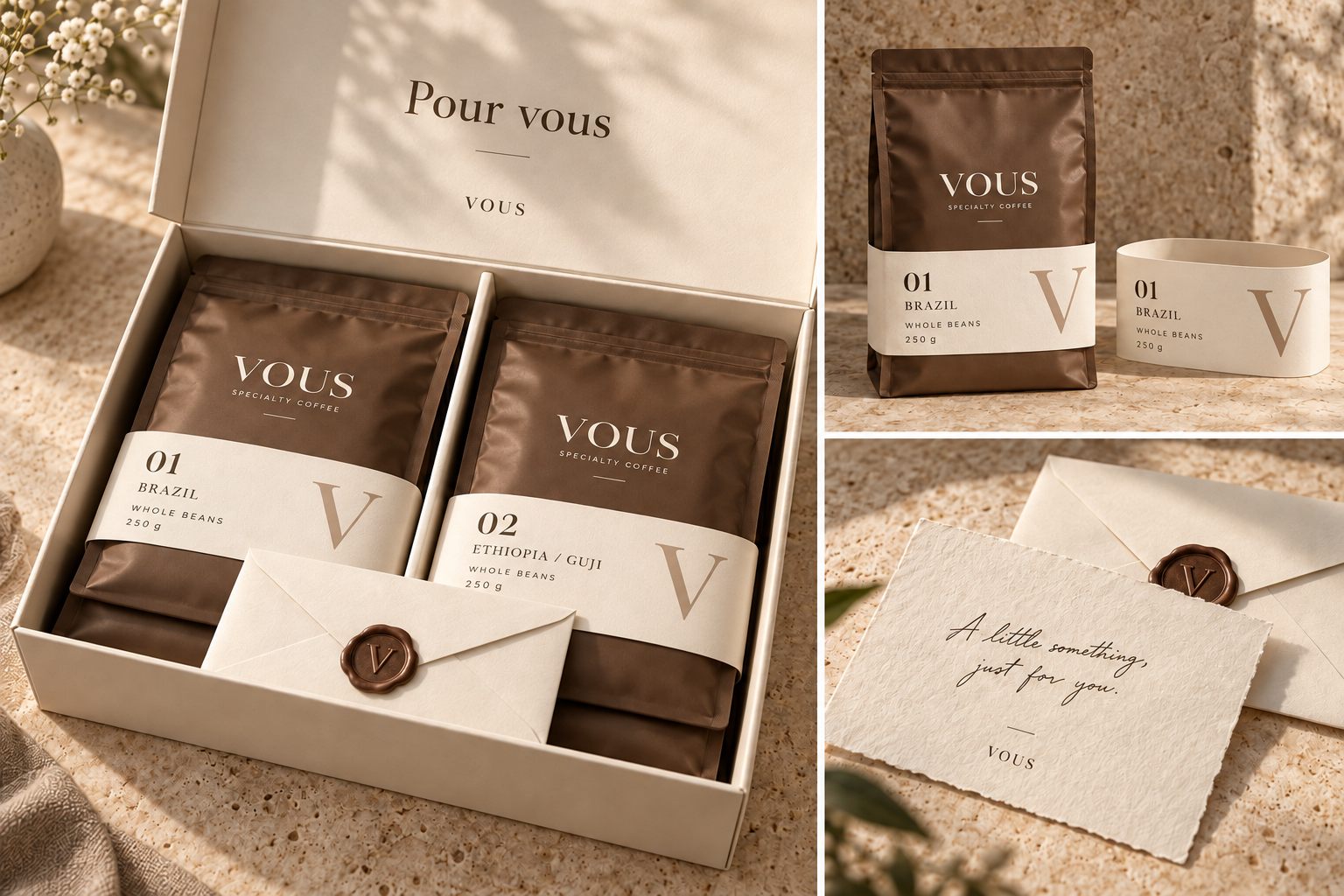 Packaging concept: personal message card and an ivory envelope with a V seal.